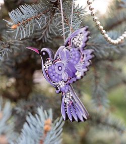 Hummingbird Christmas Ornament | Hand-Painted Wooden Bird Decor | Ukrainian Petrykivka Art - Image 3